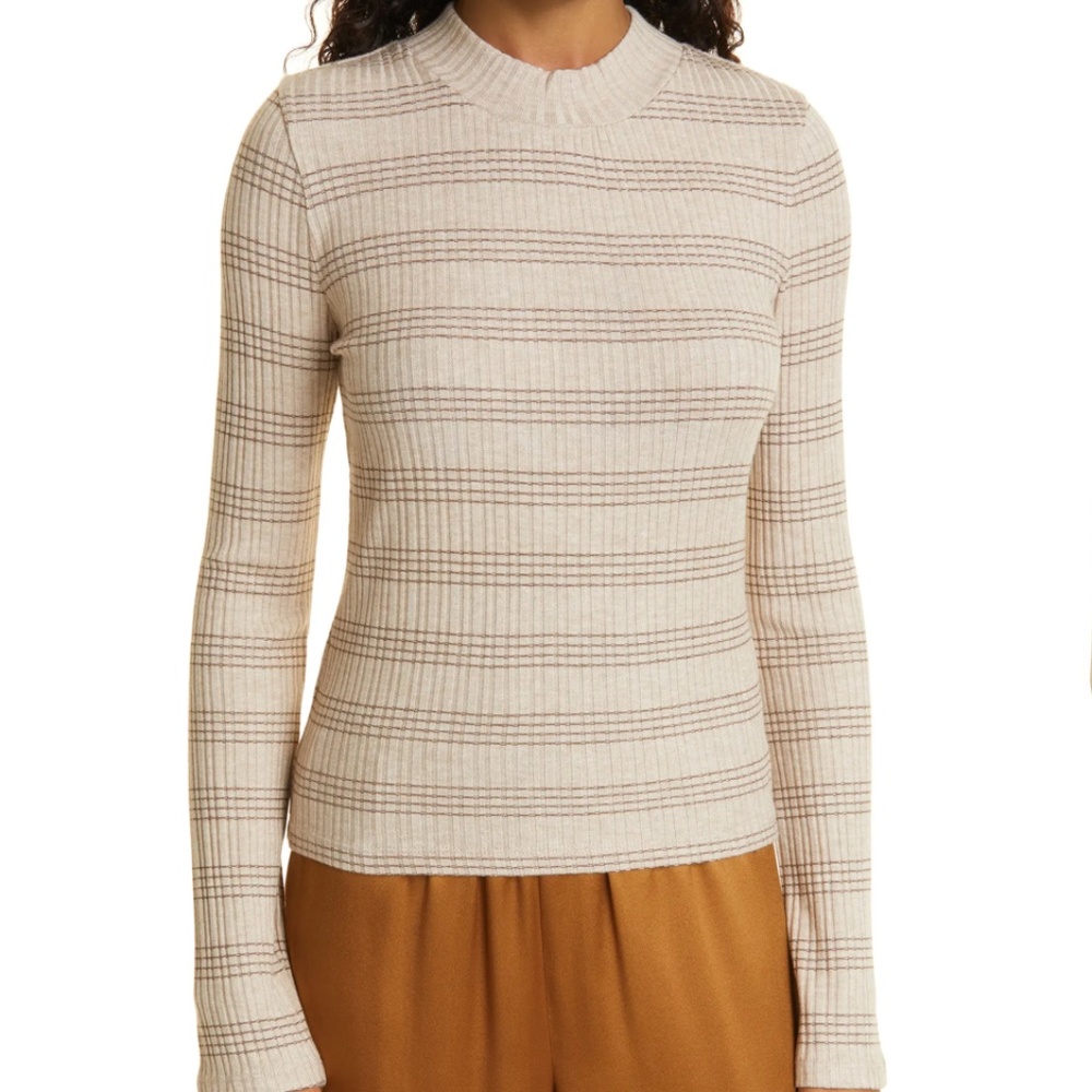 NWT $175 VINCE Variegated Rib Stripe Mock Neck Sweater in Wheat/Dark Almond - XL
